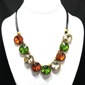Vintage Rivoli Rhinestone Leather Necklace, Large Orange Green Clear Rhinestones